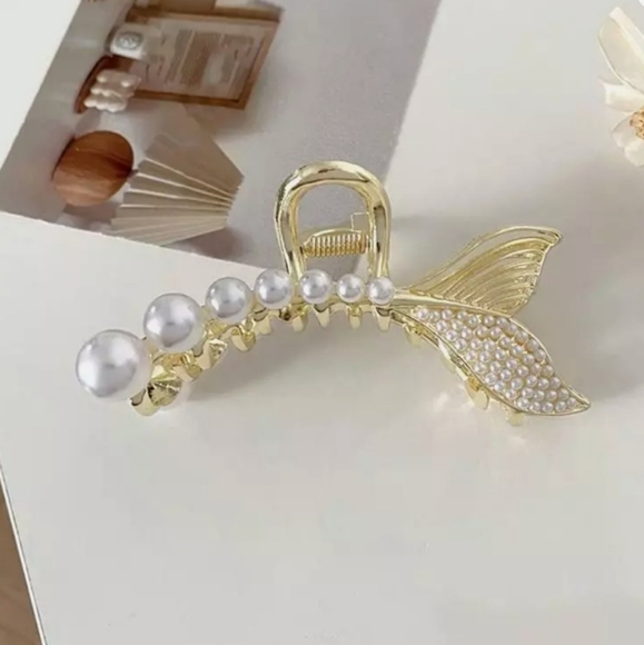 Accessories - Metal Hair Claw Clip Non Slip, Pearl Hair Jaw Clip, gold tone